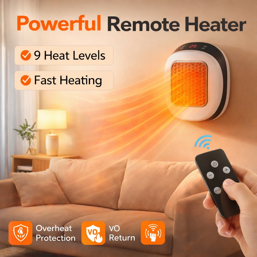 Remote control heater with remote in a living room setting, highlighting features like 9 heat levels and fast heating.