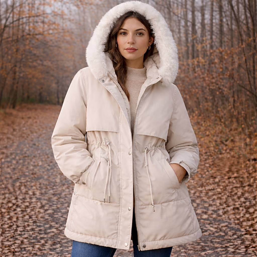 Woman wearing a beige parka with a fur-lined hood in an autumn setting.