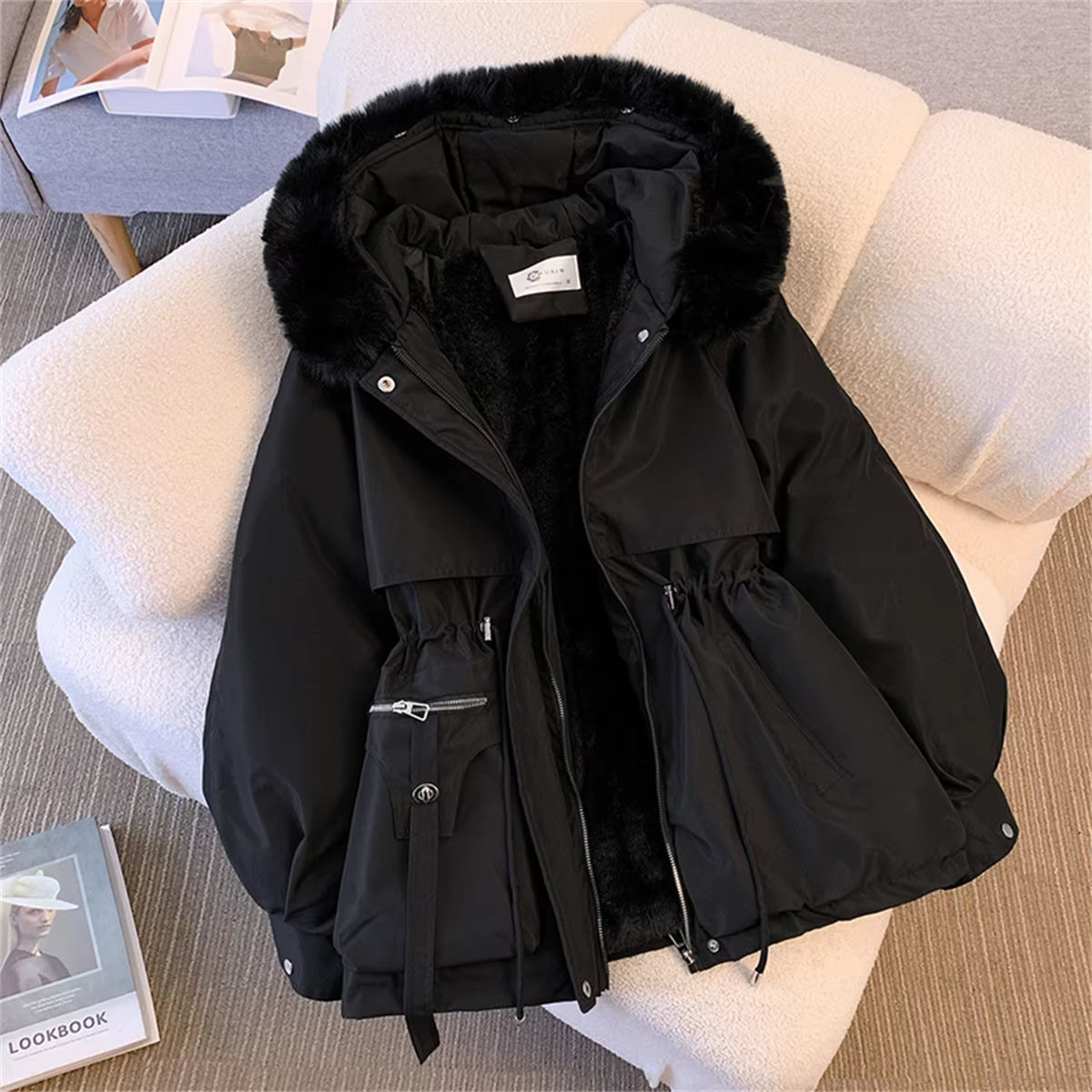 Women Autumn Winter Fashion Coats Korean Hooded Drawstring Padded Jackets Solid Female Casual Street Outfit Coat Zip up Parkas
