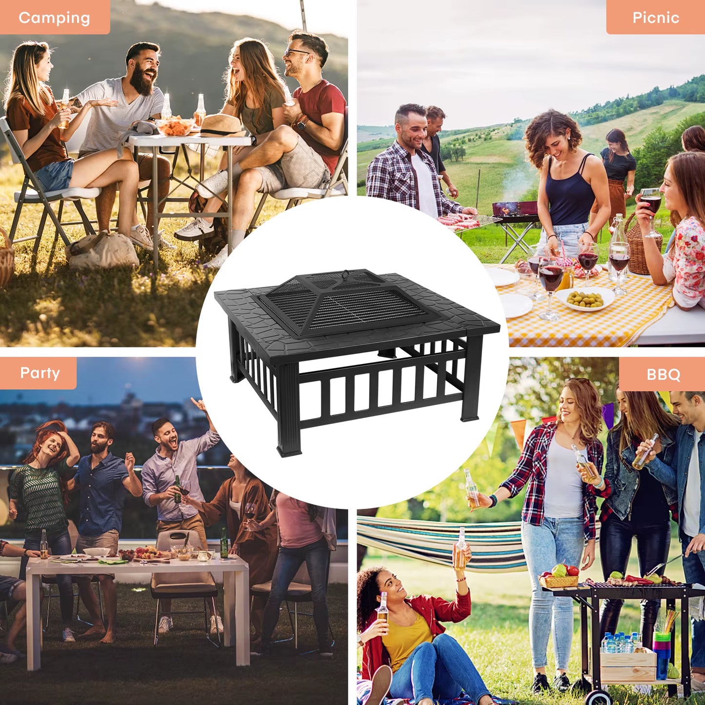 AOOU Steel Fire Pits for Outside, 32'' Square Wood Burning Fire Pit Table, Outdoor Patio BBQ Firepit Bonfire Party