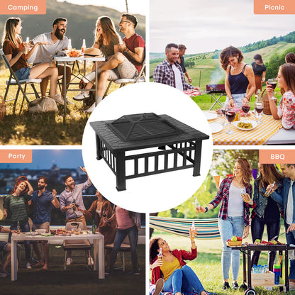 AOOU Steel Fire Pits for Outside, 32'' Square Wood Burning Fire Pit Table, Outdoor Patio BBQ Firepit Bonfire Party