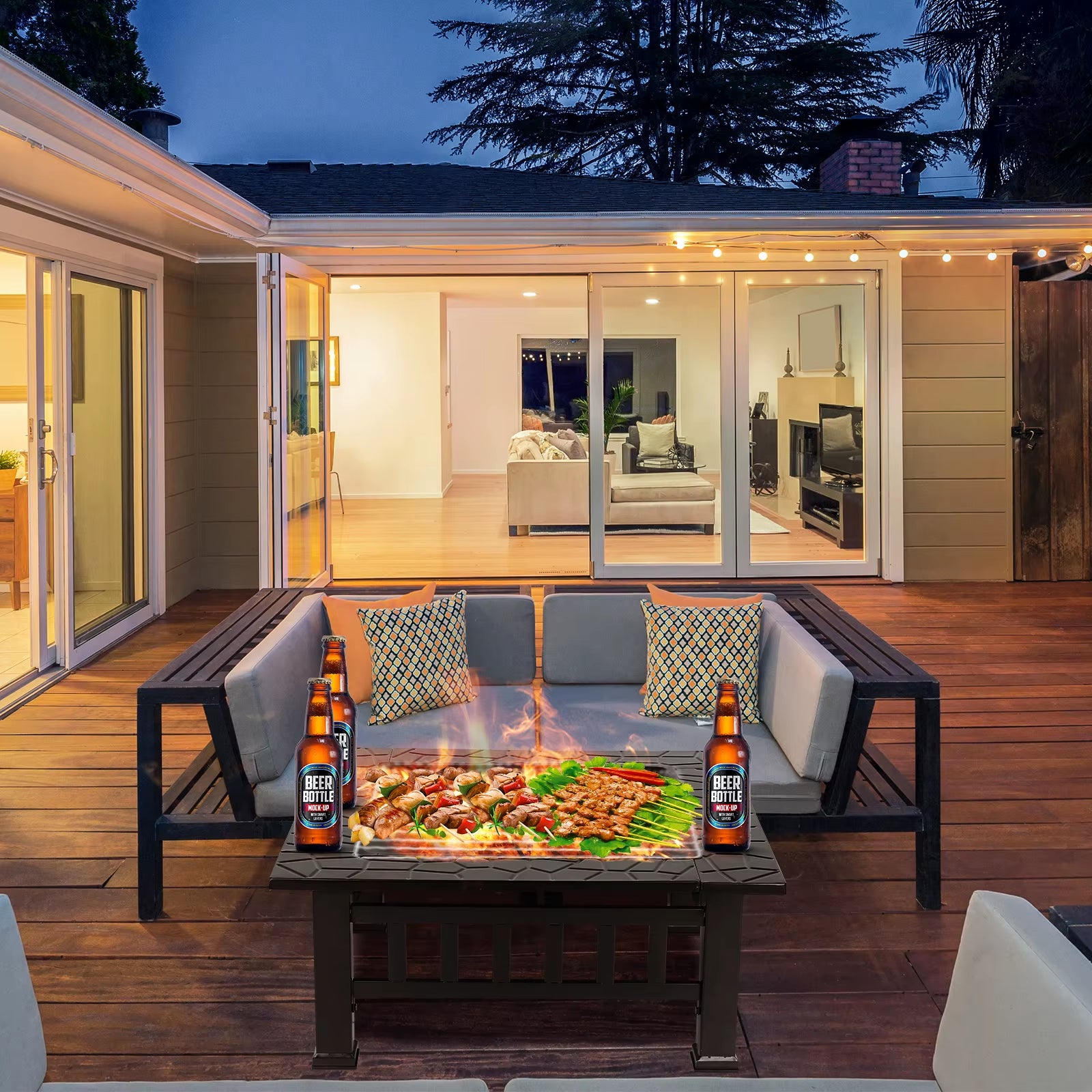 AOOU Steel Fire Pits for Outside, 32'' Square Wood Burning Fire Pit Table, Outdoor Patio BBQ Firepit Bonfire Party