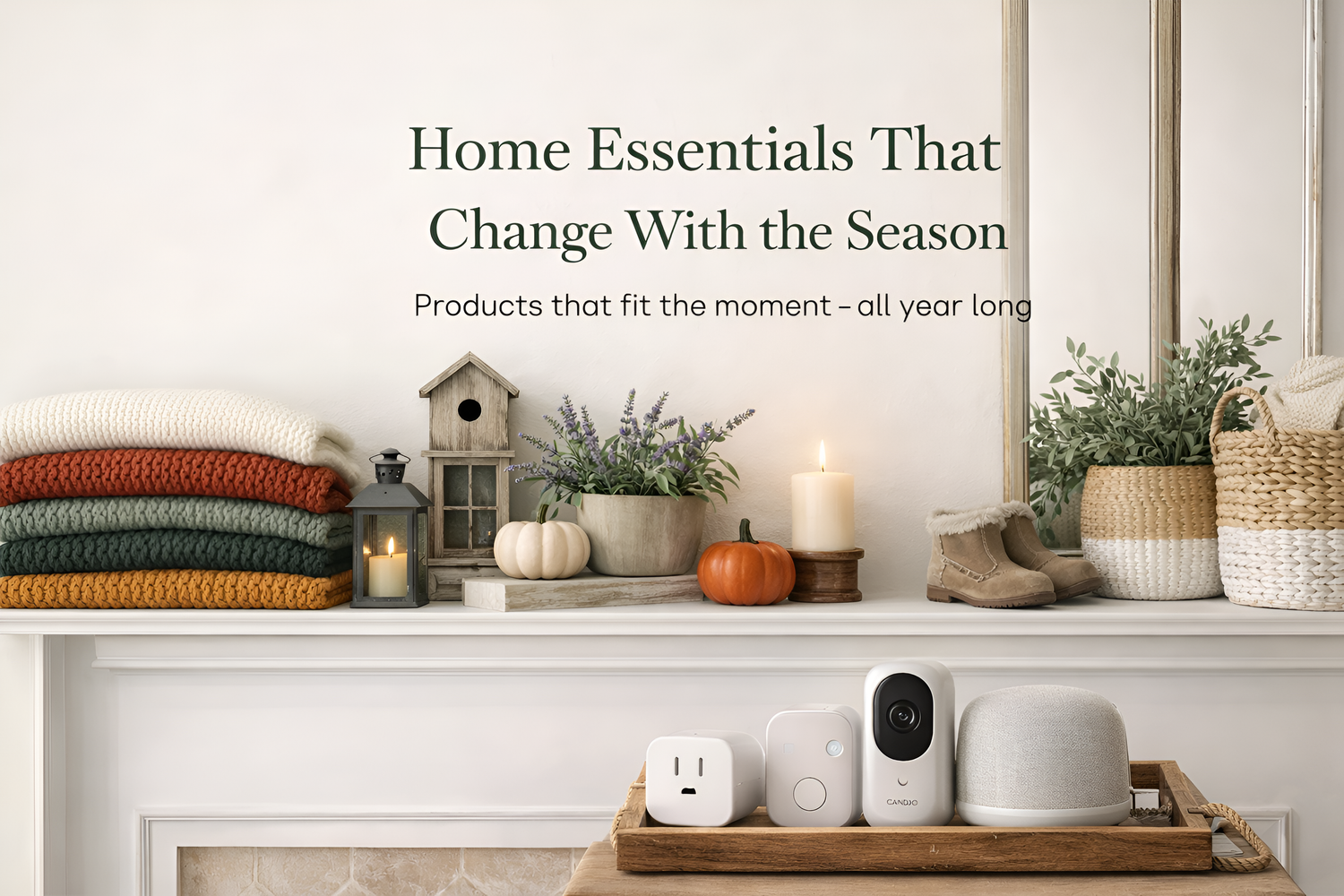 Decorative shelf with home essentials including candles, pumpkins, and a camera, with text about seasonally changing products.
